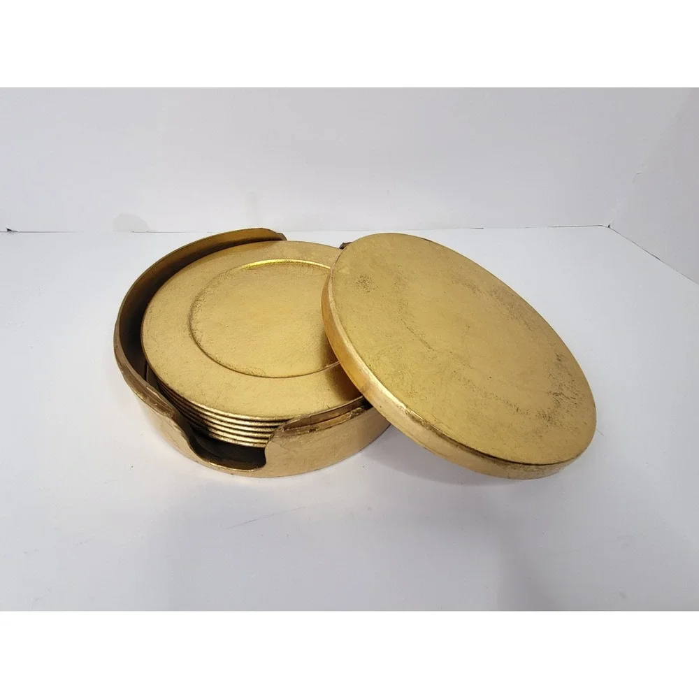 Vintage 1998 Royal Gallery Gold Leaf Coasters Set of 6 with Lidded Holder